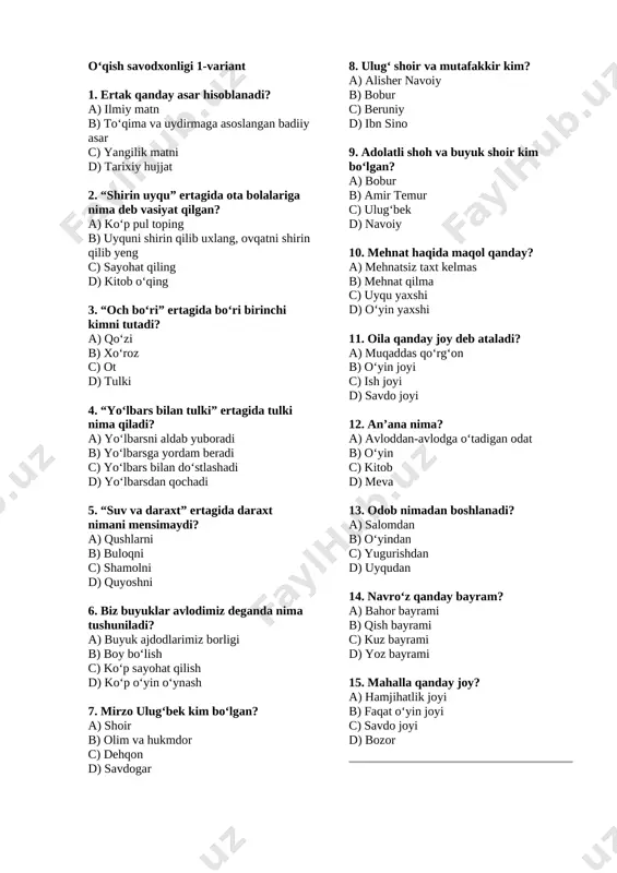 2-sinf 3-chorak test barcha fanlar — DOCX