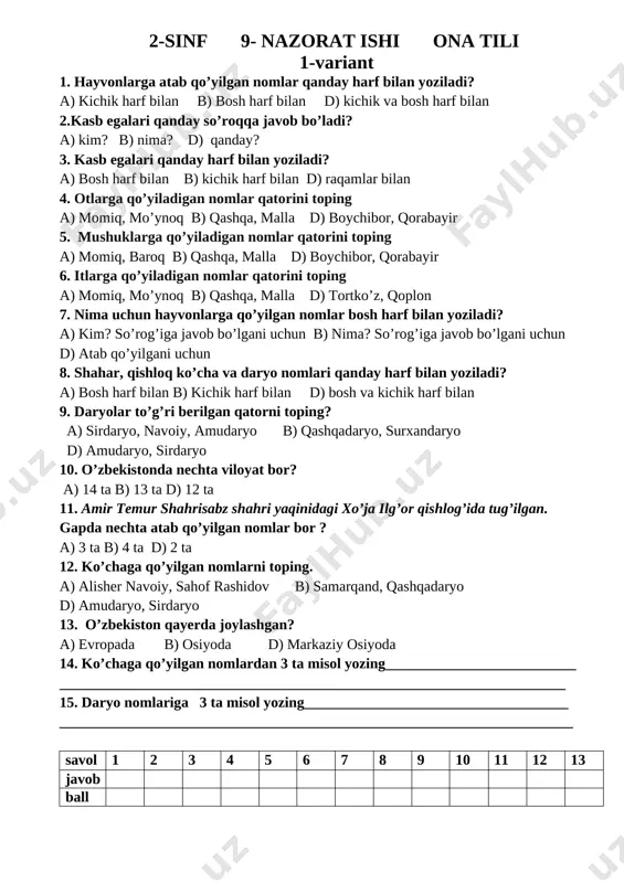 9- nazorat ishi ona tilidan 2- sinf — DOCX