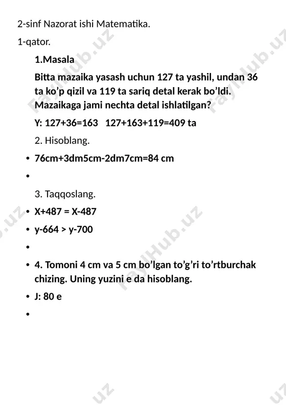 matematika nazorat 3-chorak 2-sinf 1 — DOCX