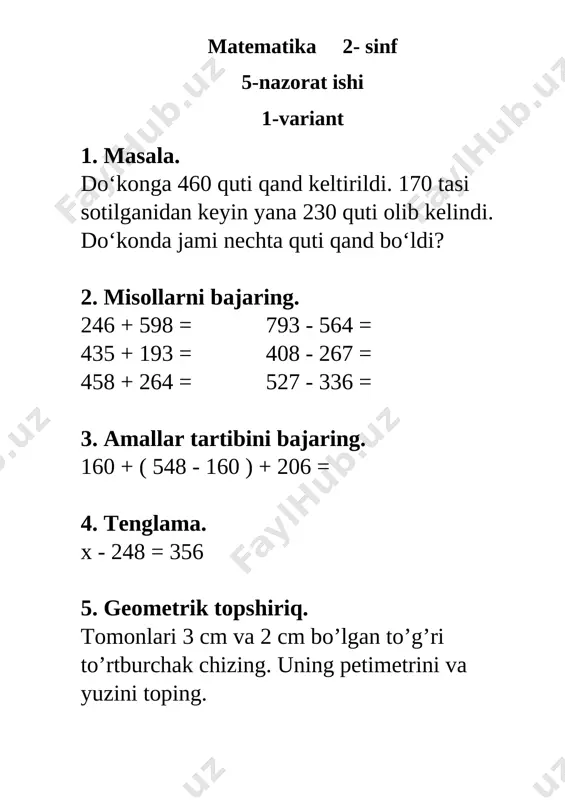5- nazorat ishi matem 2- sinf — DOCX