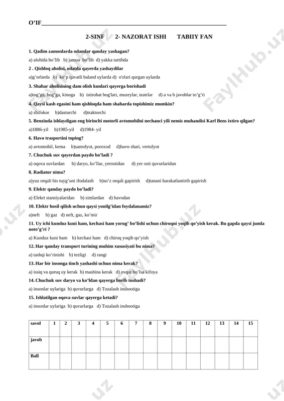 2-sinf 2- nazorat ishi tabiiy fan — DOCX