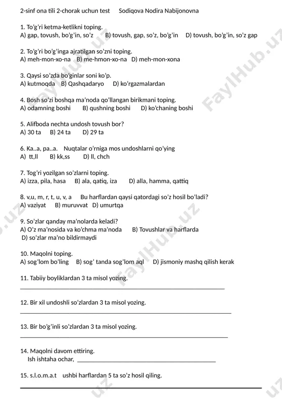 2-sinf ona tili test snn 2-chorak — DOCX