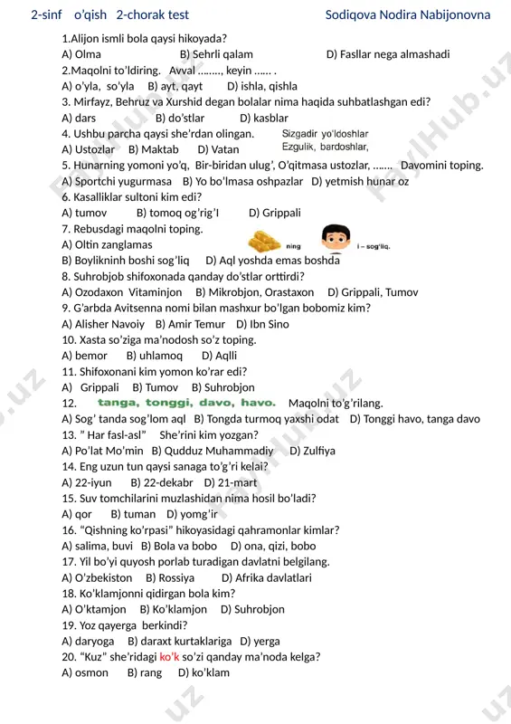 2-sinf o'qish test 2-chorak snn — DOCX