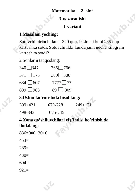 3- nazorat ishi matem 2- sinf — DOCX