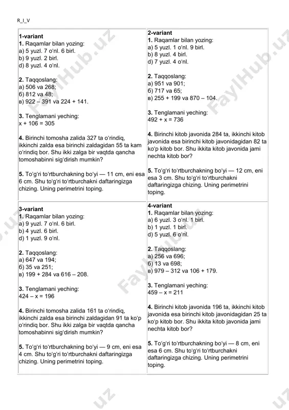 matematika 2-sinf 3-kontrol ishi 40 ta variantlar — PDF