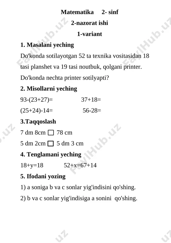 2- nazorat ishi matem 2- sinf — DOCX