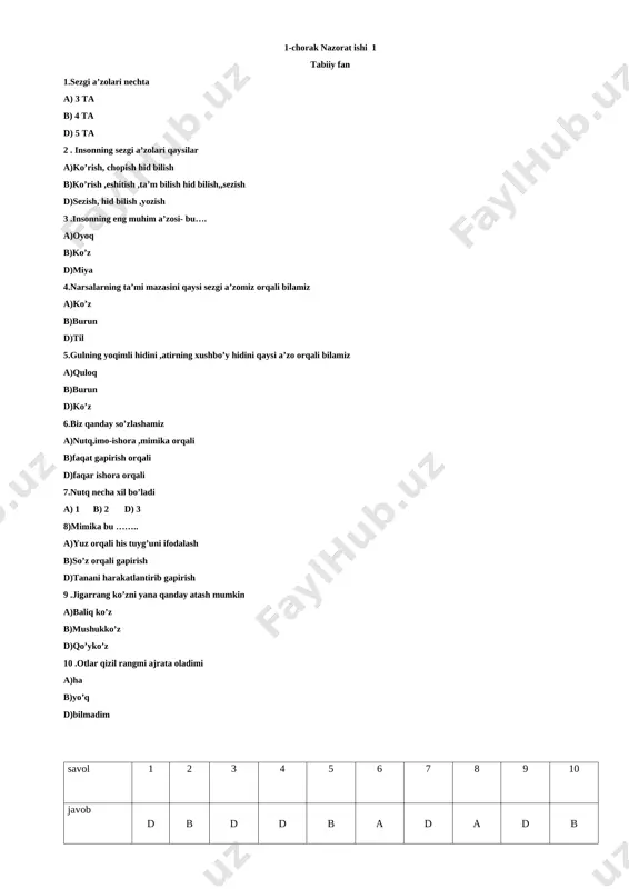 1-chorak nazorat ishi test — DOCX