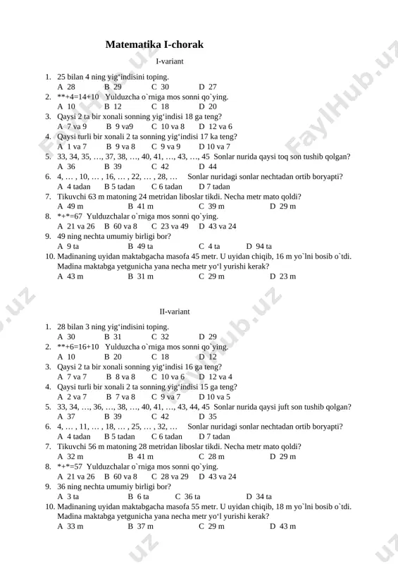2-sinf matematikadan test. yangi kitob bo`yicha — DOCX