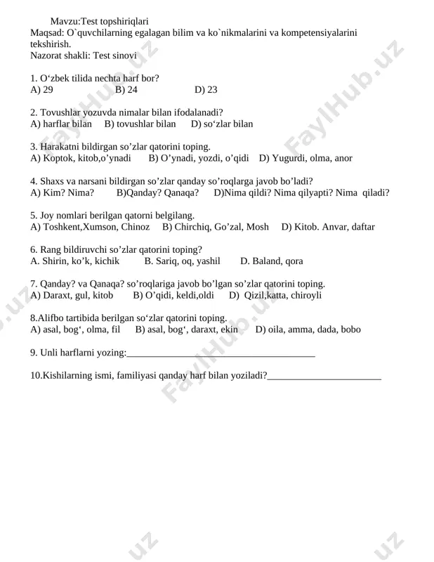 test 1-sinf iv chorak ona tili — DOCX