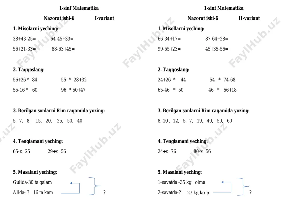 1-sinf matematika nazorat ishi-6 — PDF