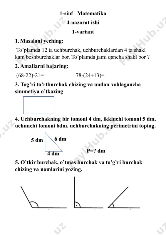 1-sinf matematika 4- nazorat ishi — PDF