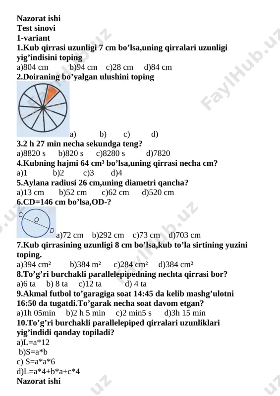 nazorat ishi matematika — DOCX