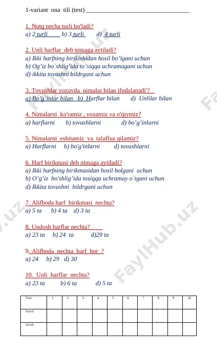 ona tili 3-nazorat ishi test — DOCX