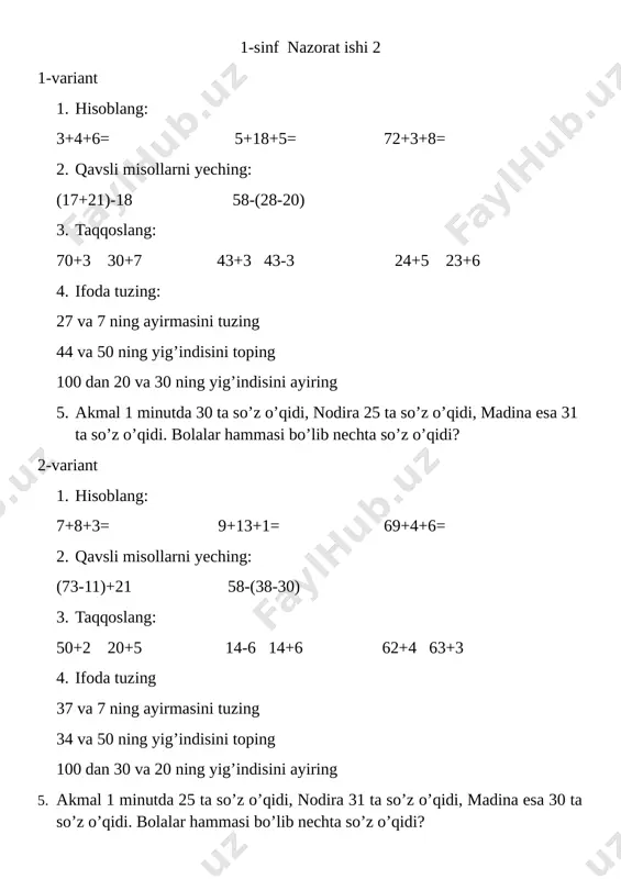 1-sinf matematika 2- nazorat namangan chortoq anora — DOCX