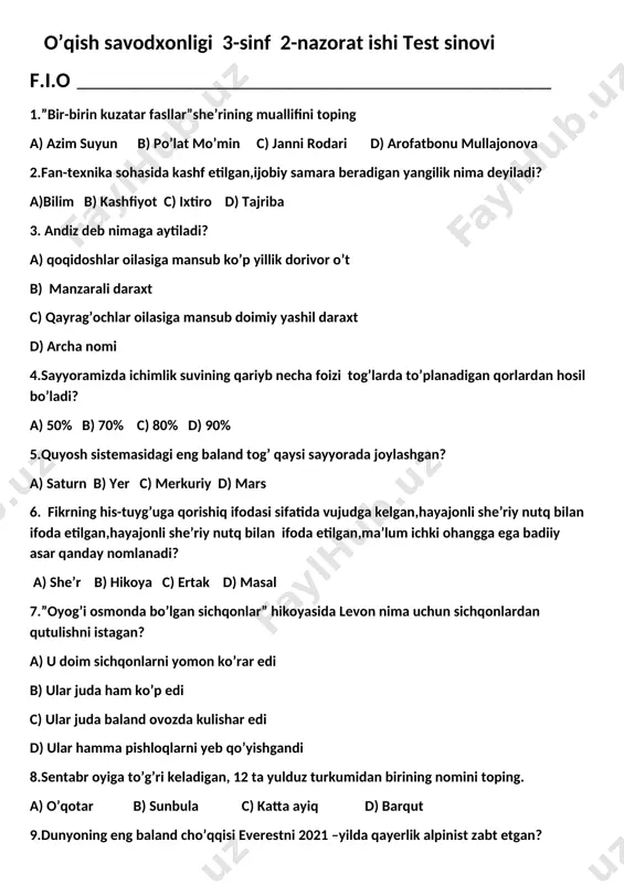 o'qish savodxonligi 3-sinf 1-chorak 2-nazorat ishi — DOCX