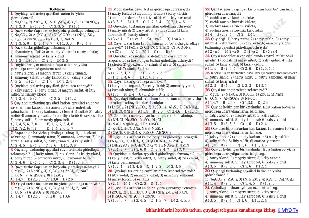 mavzu 16 (tuzlar gidrolizi) — PDF