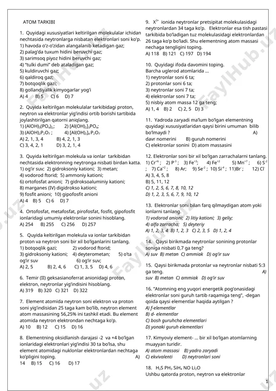 kimyodan testlar to'plami — DOCX