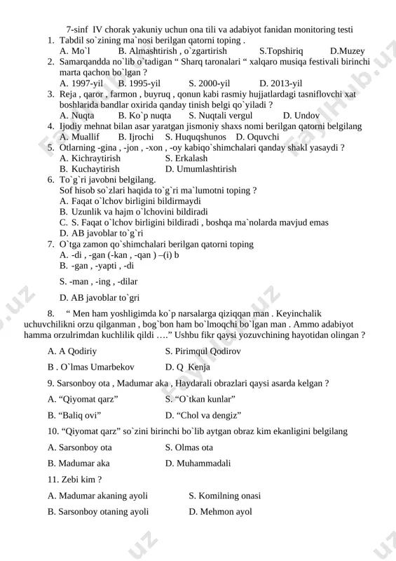 7- sinf iv chorak yakuniy — DOCX
