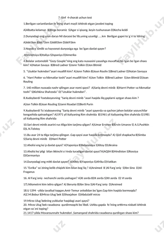 7-sinf yangi darslik 4-chorak test — DOCX