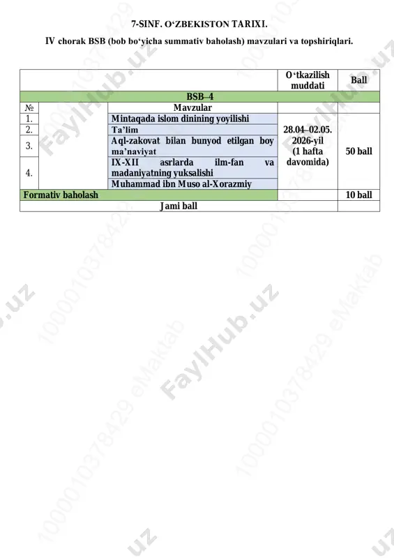 7-sinf o'zb tarix 4-bsb @summativ_formativ_baholash — PDF