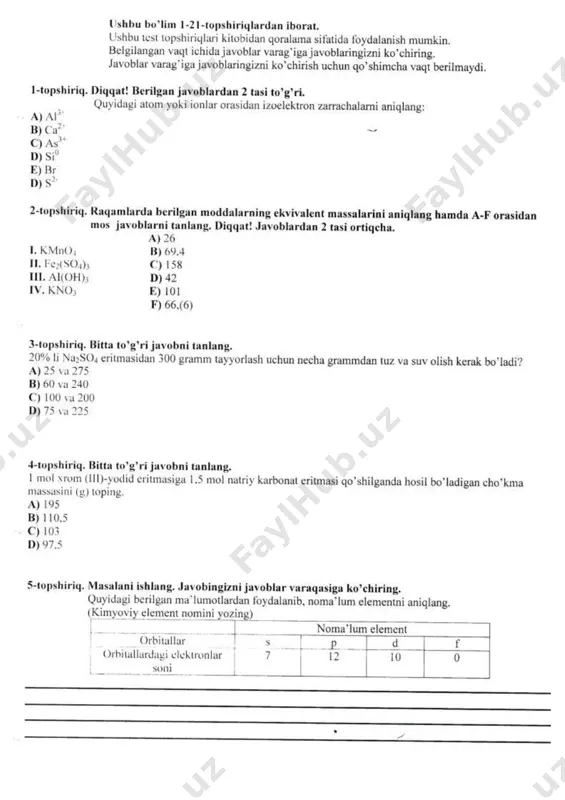 sertifikat kimyo may oyi savollari — PDF