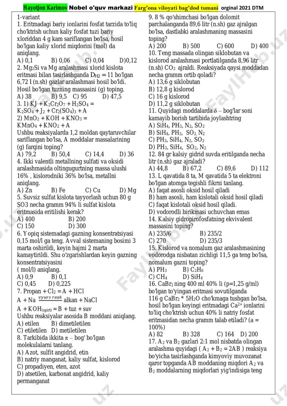 kimyo 2021 dtm 30 talik javobsiz — PDF