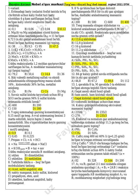 kimyo 2021 dtm 30 talik javobli — PDF