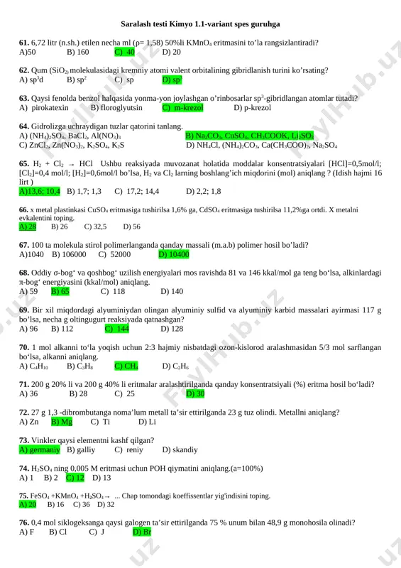 saralash testi kimyo 1 var — DOCX