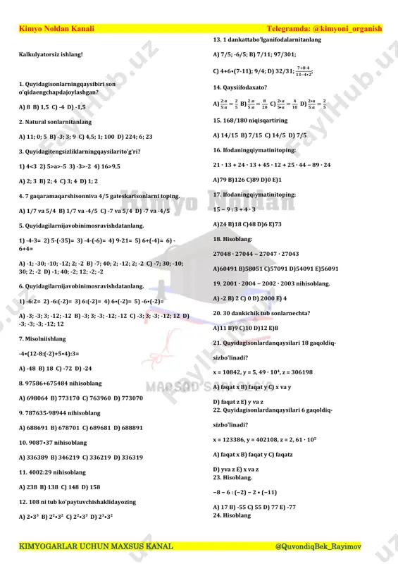 kimyoga doir matematika testlar — PDF