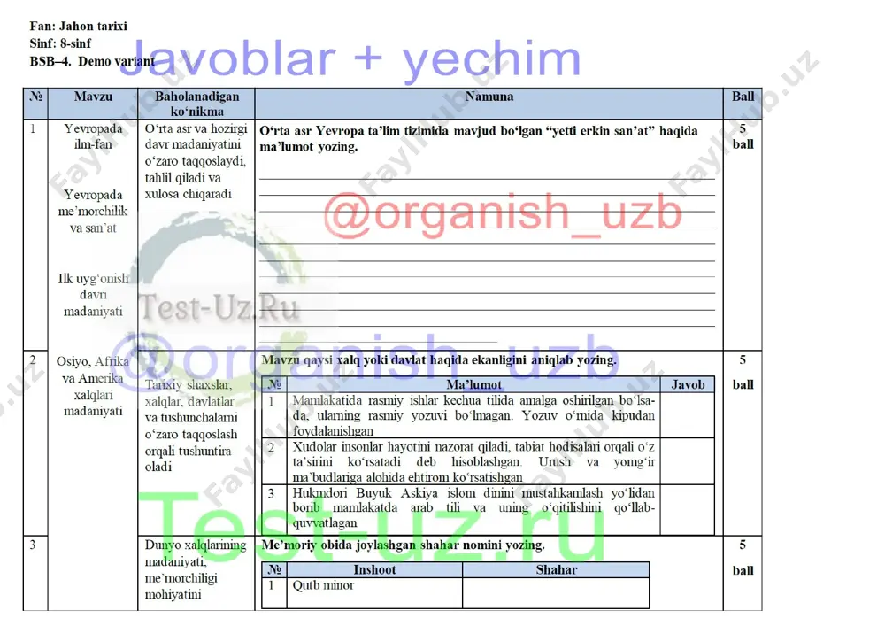 8-sinf jahon tarixi bsb-4 demo — DOCX