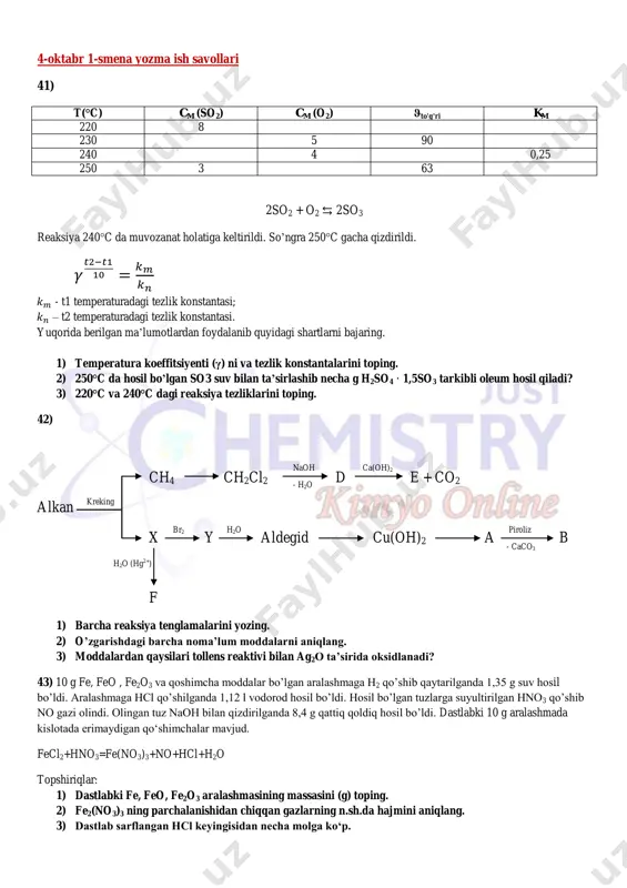 kimyo. 4-oktabr (1-smena). yozma ish savollari — PDF