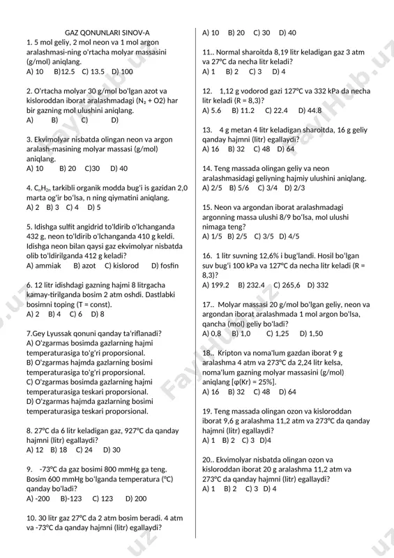 gaz qonunlari sinov — DOCX