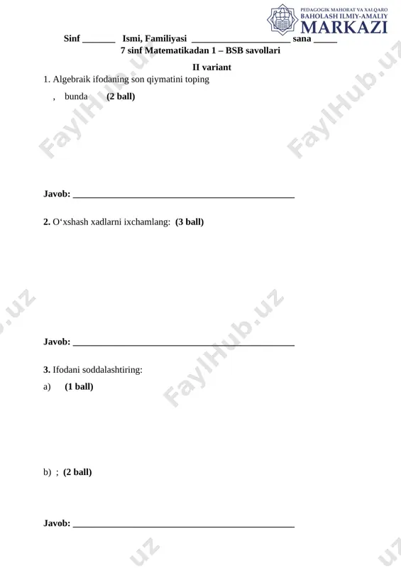 7-sinf matematika 2-variant bsb @summativ_formativ_baholash — DOCX