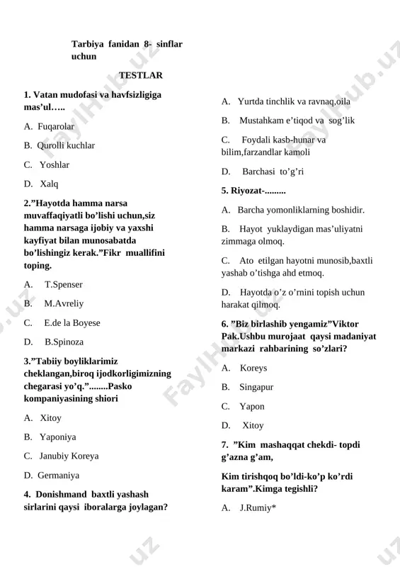 tarbiya fanida testlar 2 javobsiz — DOCX