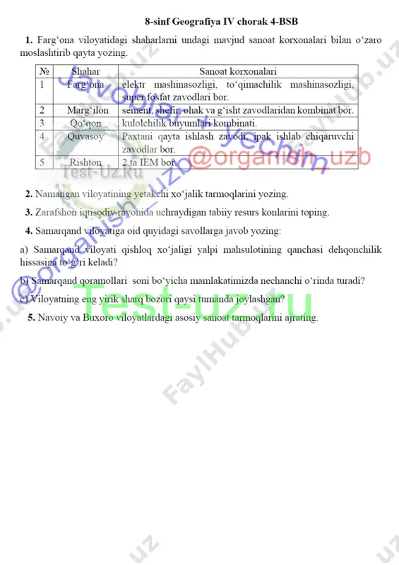 8 sinf bsb geografiya iv chorak — DOCX