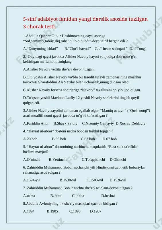5- sinf adabiyot 3-chorak yangi test — DOCX