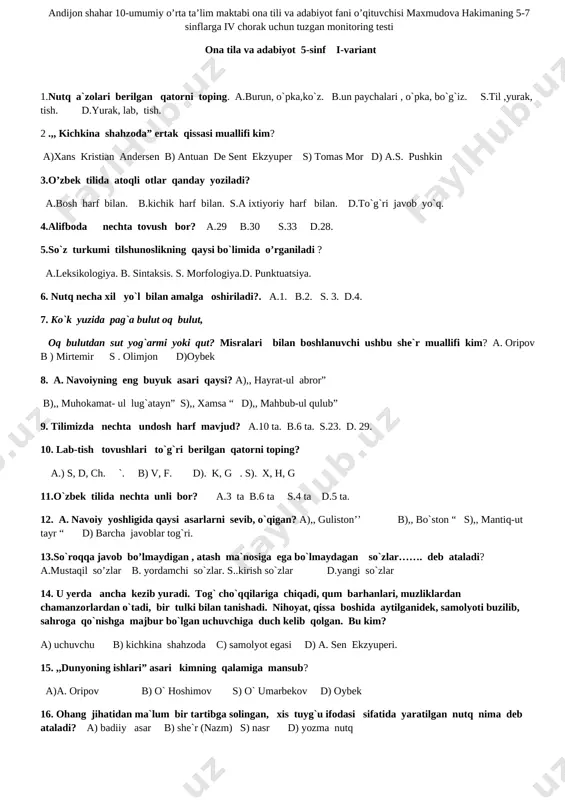 5-7 sinf test monitoring uchun — DOCX