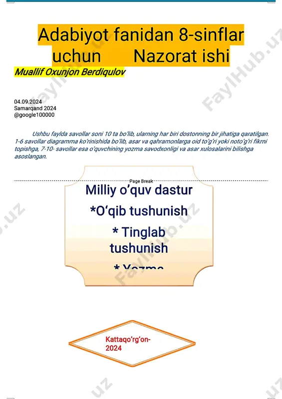 8-sinf adabiyotdan nazorat ishi — PDF