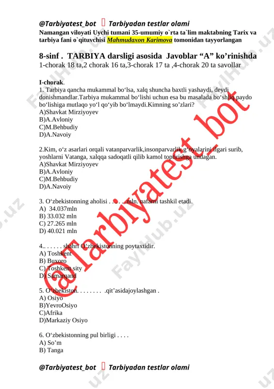 8-sinf tarbiya test(@tarbiyatest_bot) — DOCX