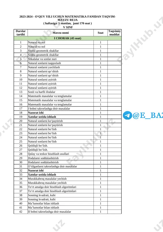 5-sinf matematika yillik 2023-2024 @e_baza_ishreja — XLSX