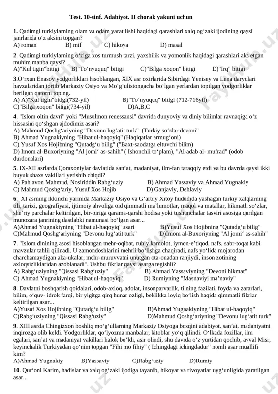 adabiyot 10 sinf test 2 chorak — DOCX
