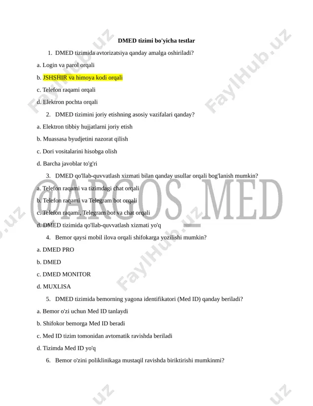 dmed yangi testlari @argos_med kanali — DOCX