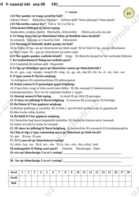 9- nazorat ishi ona tili 4- sinf — DOCX
