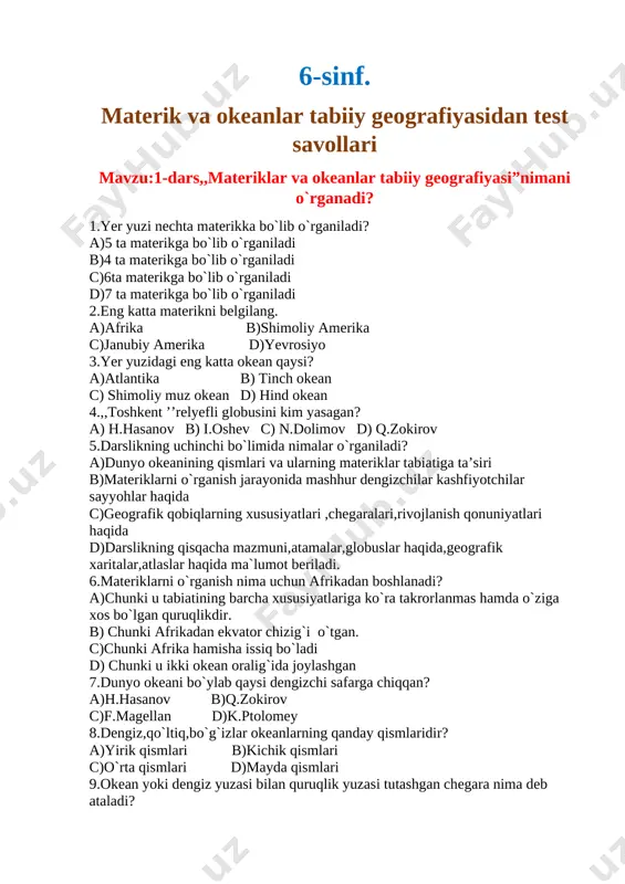 6-sinf mavzulash test — DOCX