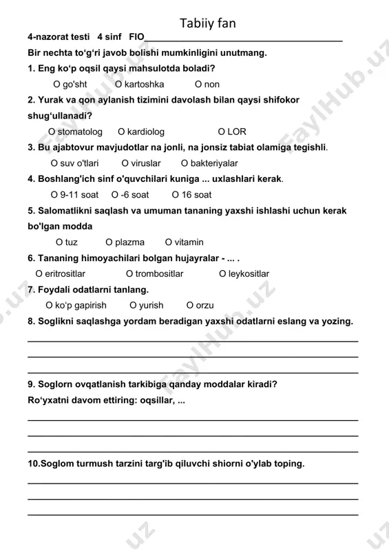 4- nazorat ishi tabiiy fan — PDF