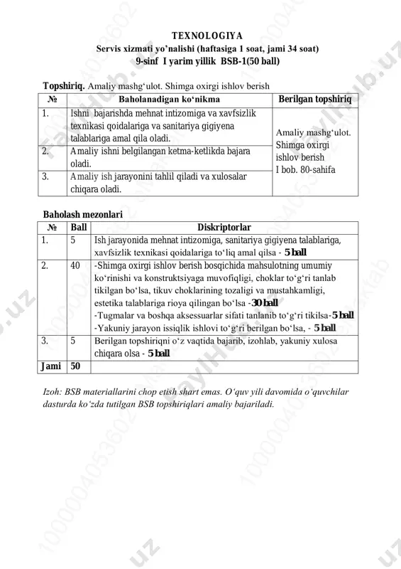 9-sinf texnologiya servis 1-bsb @summativ_formativ_baholash — PDF