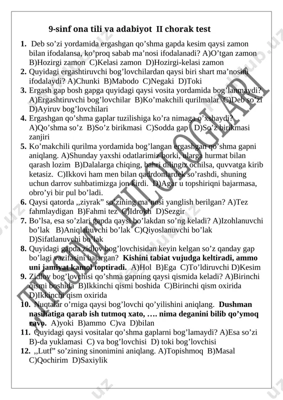 9-sinf ona tili va adabiyot ii chorak test. 30 talik — DOCX