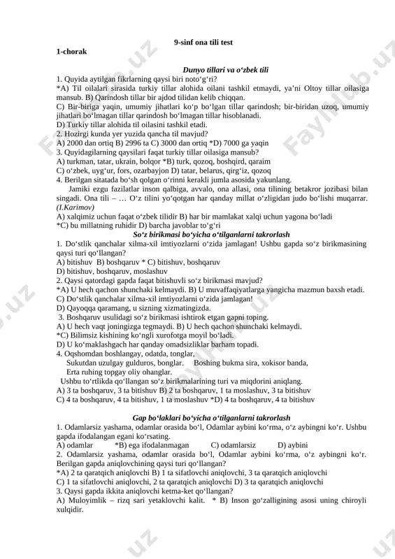 9-sinf. ona tili. mavzuviy test — DOCX