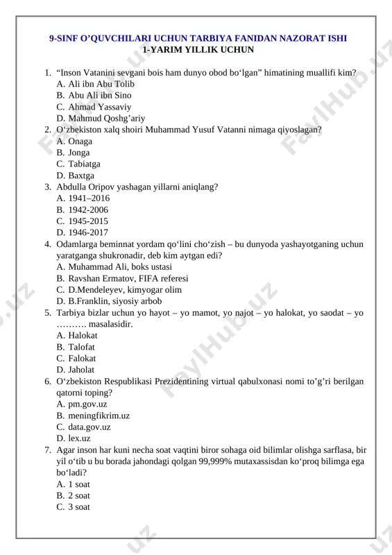 9-sinf tarbiya 1-yarim yillik nazorat ishi — DOCX