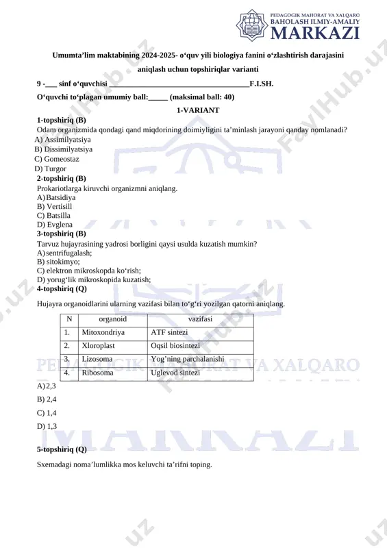 9_sinf_biologiya_1_chsb_1_variant@summativ_formativ_baholash — DOCX
